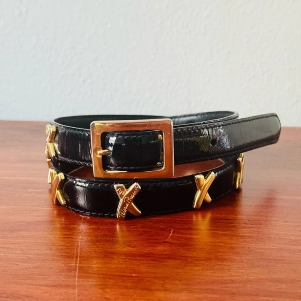 Vintage Paloma Picasso Signature Black Patent Leather Belt with X Gold Accents